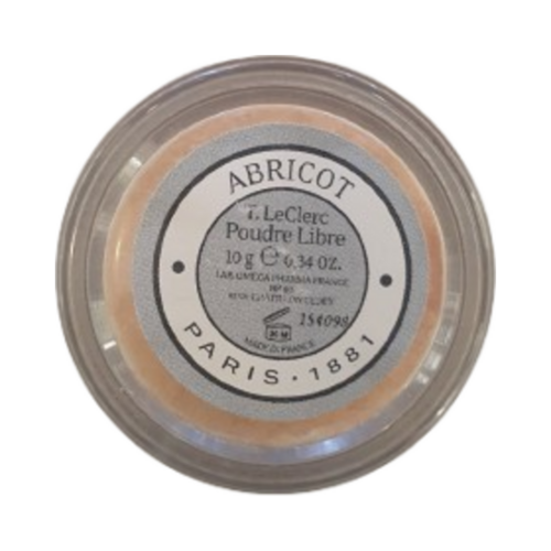 T LeClerc Loose Powder Abricot 10g σε διαφανές στρογγυλό δοχείο με καπάκι με ετικέτα. Radiance πούδρα foundation για ανομοιόμορφο τόνο δέρματος, δωρεάν προσφορά δώρου.