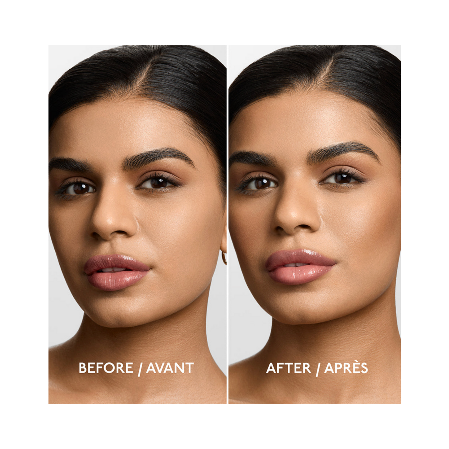 Comparaison côte à côte du visage du modèle avant et après utilisation de la poudre bronzante hydratante By Terry, mettant en évidence l'effet bronzé naturel.