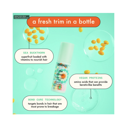 髪の健康のためのシーバックソーンやビーガンプロテインなどの重要な成分を紹介する Amika The Closer Repair Cream のインフォグラフィック。