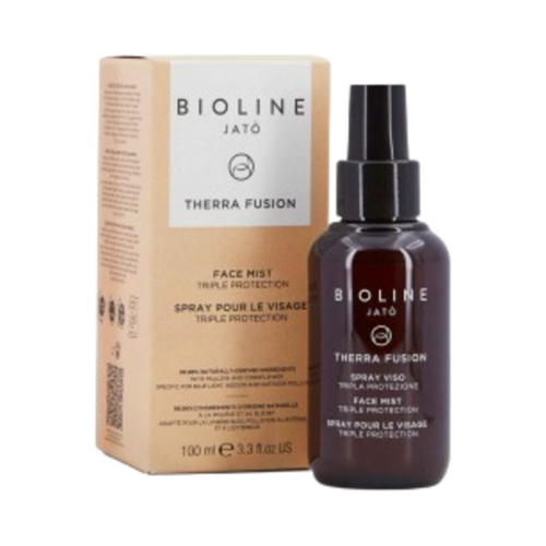 Bioline Therra Fusion Face Mist Triple Protection 100 מ"ל עם אריזה, ערפל טיפוח המציע לחות, נוחות והגנה משולשת.
