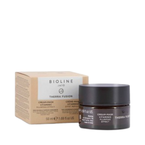 Masque Vitaminique Bioline Therra Fusion en pot de 50 ml avec emballage boîte, conçu pour les soins du visage et du cou pour booster la régénération et l'éclat de la peau.