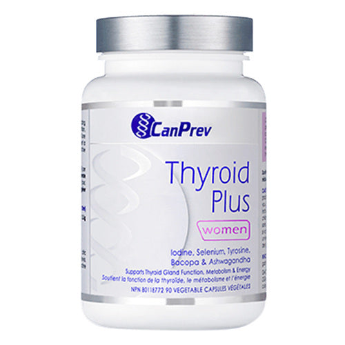 Γυναικείο συμπλήρωμα CanPrev Thyroid Plus με βασικά θρεπτικά συστατικά όπως βιταμίνη Α, Β και τυροσίνη για την προώθηση της λειτουργίας του θυρεοειδούς αδένα και της ισορροπίας των ορμονών.