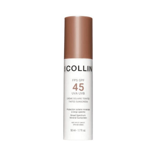 GM Collin Tinted Sunscreen SPF 45 bottle with broad-spectrum mineral filters for face and neck protection in skin care routine.