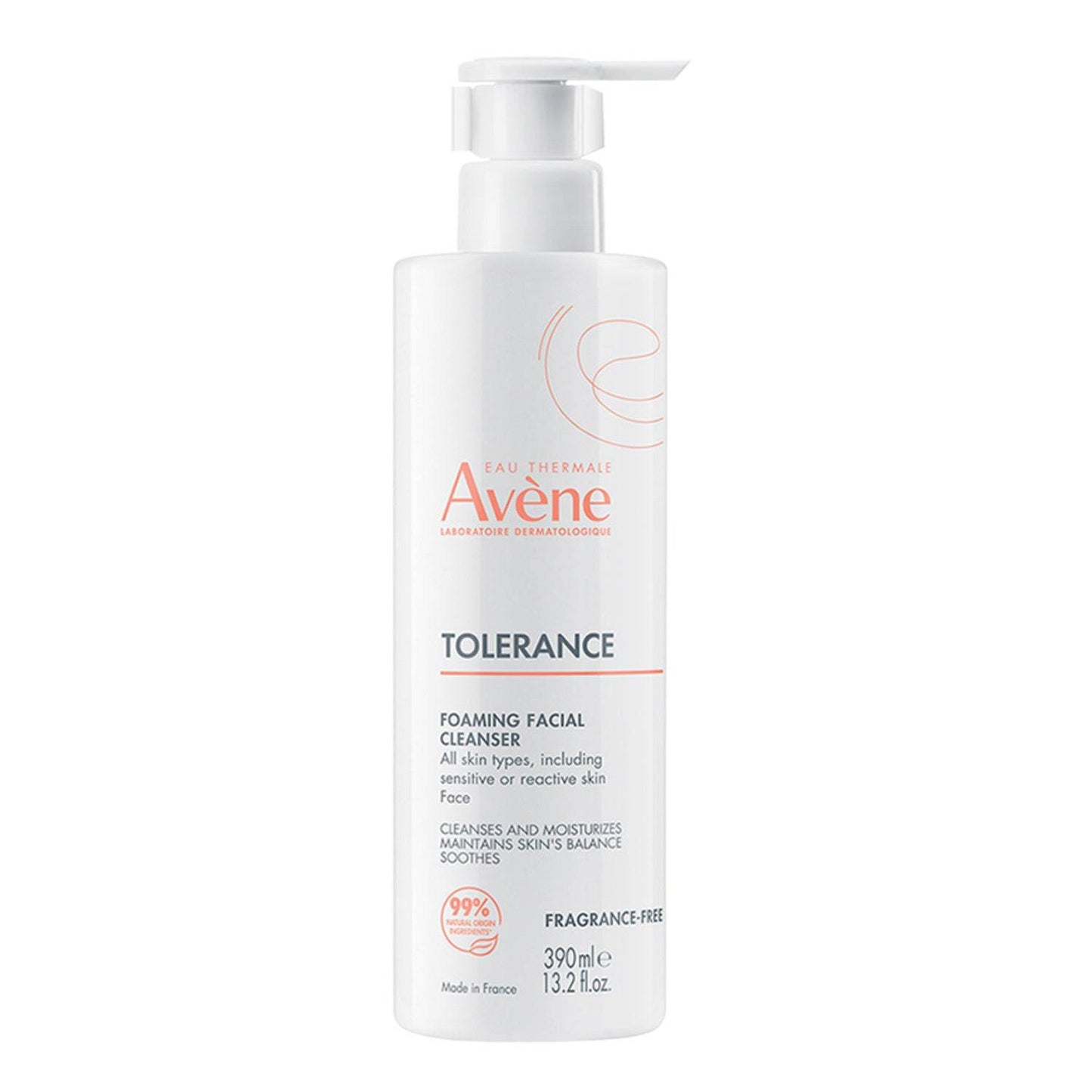 Avene Tolerance Facial Cleanser i 390 ml pumpeflaske, en skånsom skummende ansiktsvask for sensitiv hud som fjerner smuss, sminke og forurensninger.