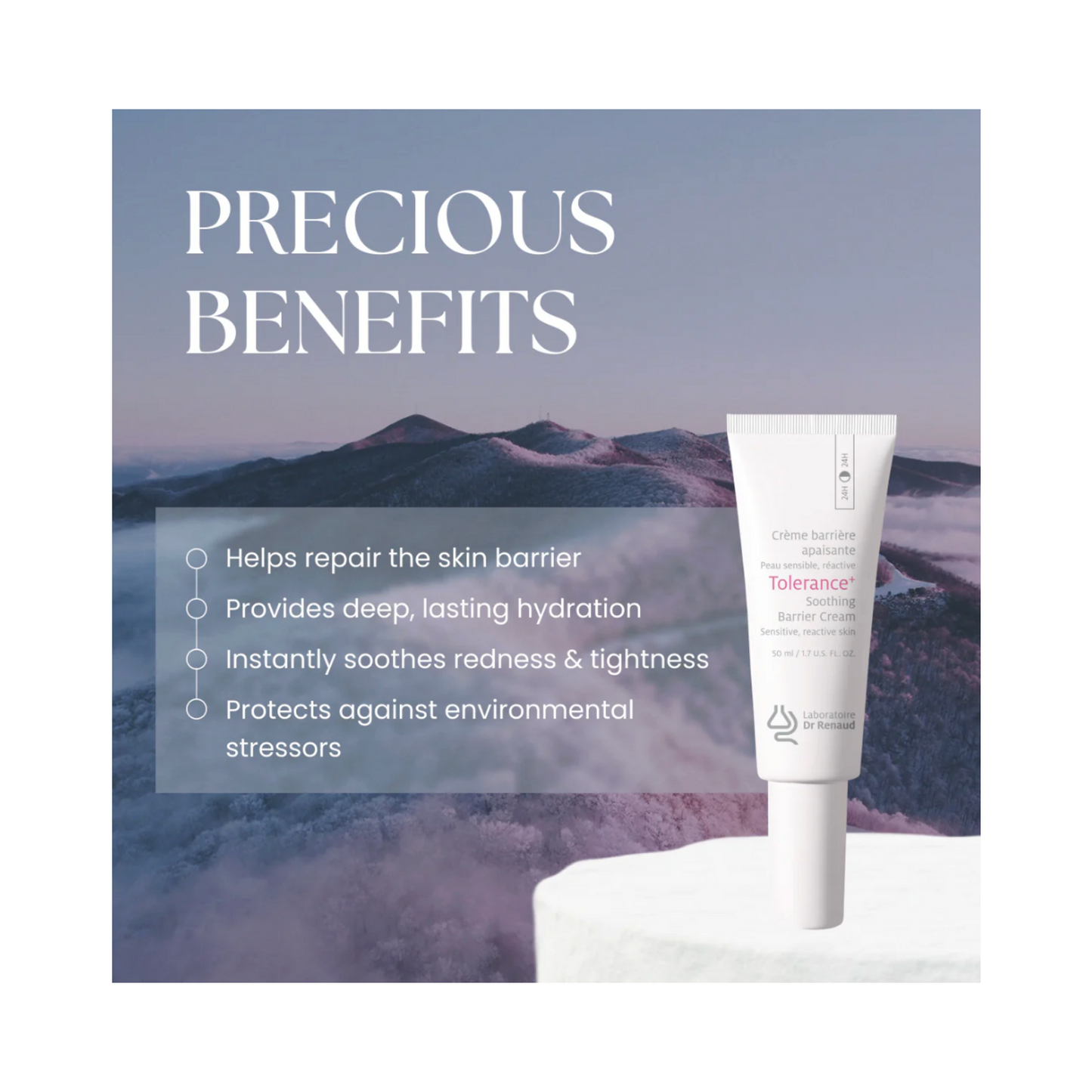 Dr. Renaud Soothing Barrier Cream getoond met belangrijke voordelen zoals hydratatie, herstel van de huidbarrière en verlichting van roodheid voor de gevoelige huid.