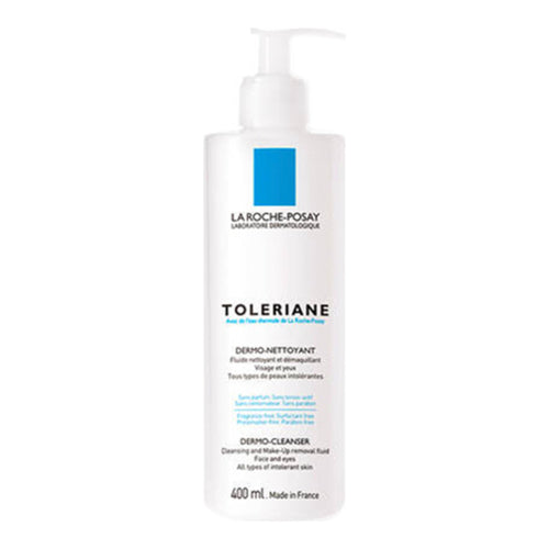 Hellävarainen La Roche Posay Face Cleanser 400 ml:n pumppumuodossa, Toleriane Dermo tehokkaaseen meikinpoistoon ja ihon mukavuuteen.