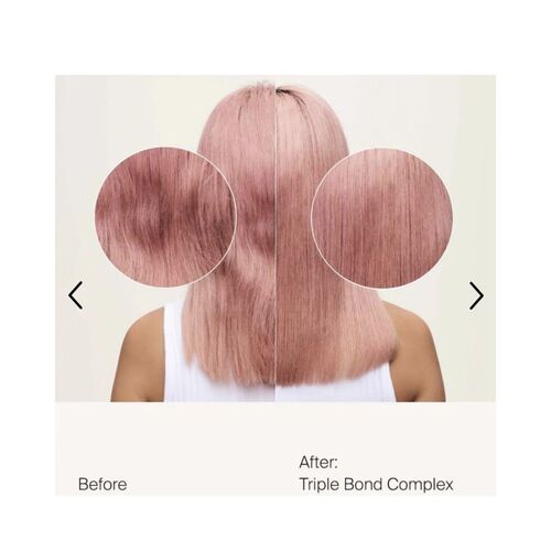 شعر وردي قبل وبعد العلاج بمركب Living Proof Triple Bond، مما يدل على تحسين ملمس الشعر وحيوية اللون.