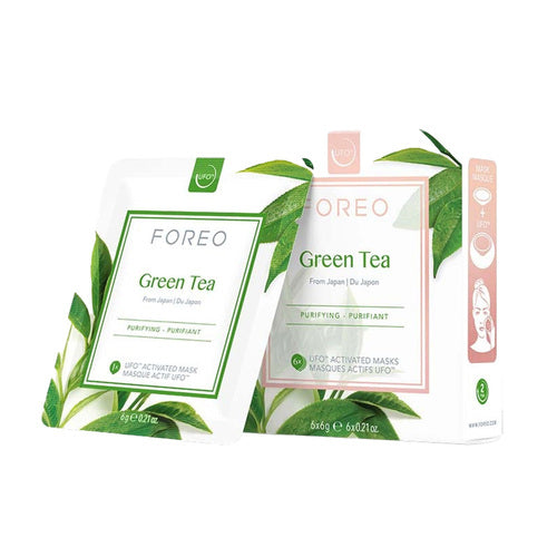 Grønn te FOREO UFO Activated Mask 6-pack designet for å roe irritert hud, forbedre tekstur og forbedre hudfarge ved hjelp av naturlige ekstrakter.