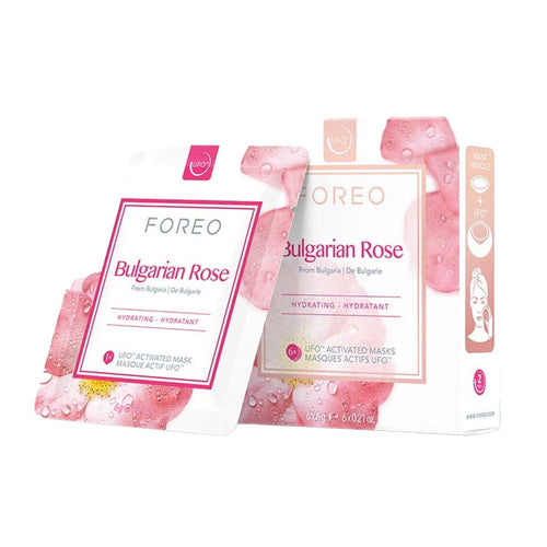 Mascarilla activada FOREO UFO de rosa búlgara, paquete de 6 en envase rosa y blanco, diseñada para aumentar la luminosidad y la humedad de la piel para un cutis suave.