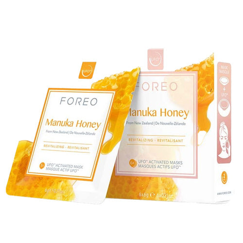 Foreo Manuka Honey Activated Mask 6-pack voor UFO-apparaat, verbetert de hydratatie en uitstraling van de huid met natuurlijk honing- en kamille-extract.
