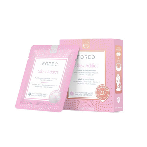 Foreo Glow Addict face mask pack with UFO 2.0 technology, designed to treat uneven skin tone and dullness in skincare routines.