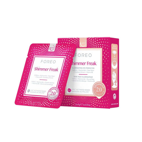 Foreo UFO Masks - Shimmer Freak med koffein, designet for rask tretthetslindring og hudpleieforsterkning på 90 sekunder ved bruk av UFO-enhet.