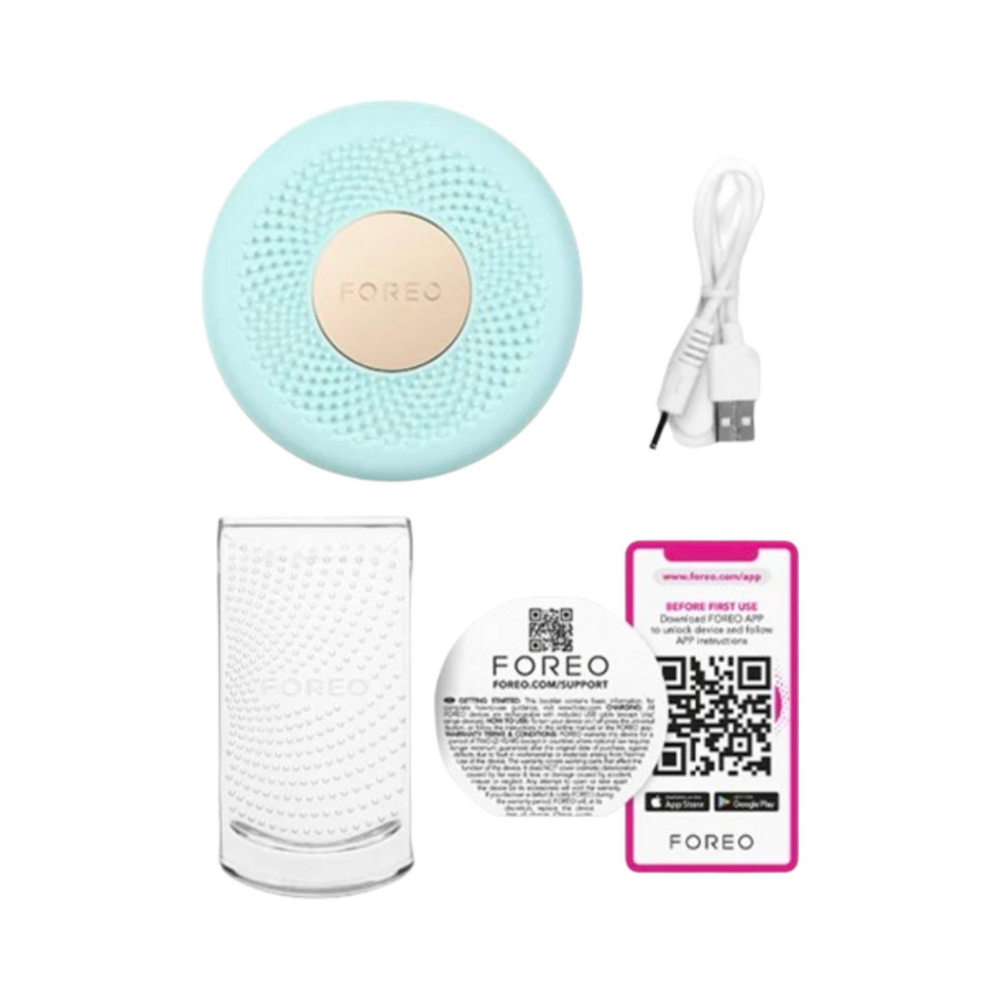 Foreo FOREO UFO mini 3 スキンケア デバイス (ミント グリーン) には、USB 充電器、スタンド、QR コード カードが付属しており、深い水分補給とフェイシャル マッサージの効果が得られます。