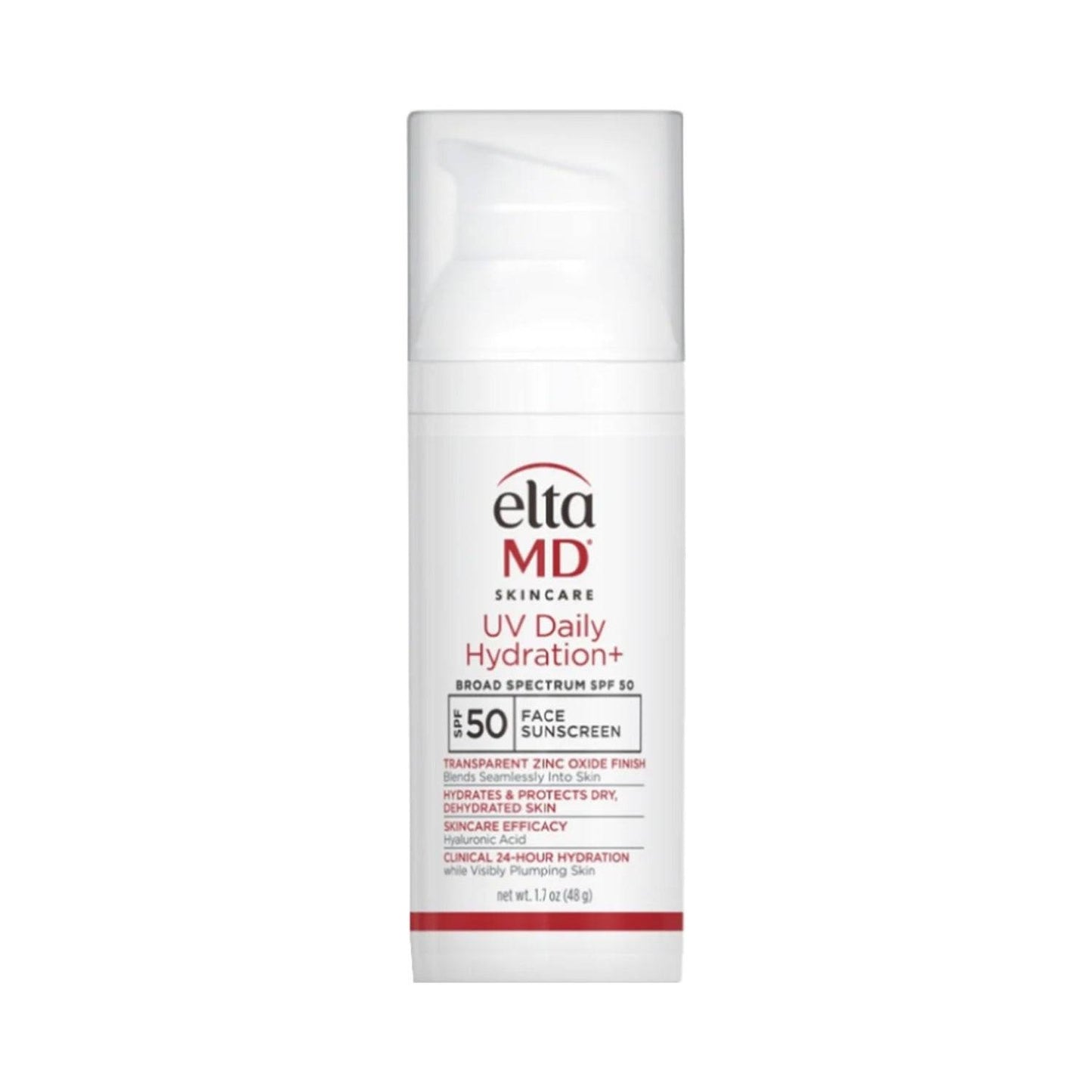 EltaMD UV Daily Hydration SPF 50 日焼け止めにはヒアルロン酸が含まれており、24 時間の水分補給と広範囲の日焼け止め効果が 1.7 オンスのポンプ ボトルに入っています。