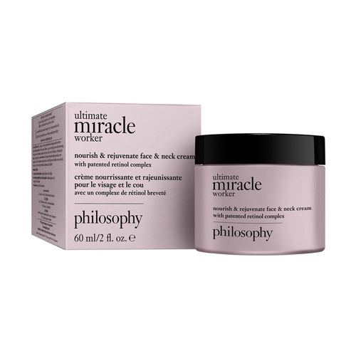 Philosophy Ultimate Miracle Worker Nourish and Rejuvenate Cream, 60ml andlitskrem gegn öldrun með retínóli, sýnt með samsvarandi kassa.
