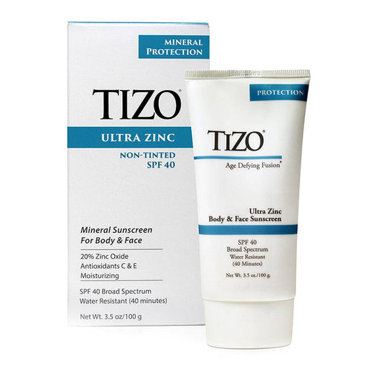 TiZO Ultra Zinc Mineral Sunscreen SPF 40 Non-Tinted 100g with box, ideal for sensitive skin and broad-spectrum sun protection.