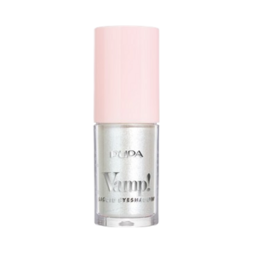 Pupa Liquid Eyeshadow med en blank sølvtone og pastellrosa hette. Designet for jevn påføring og forlenget brukstid.
