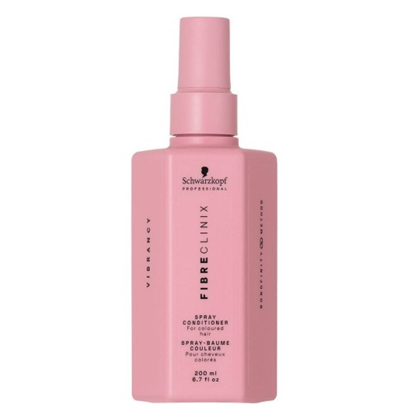 Acondicionador Fiber Clinix Vibrancy Spray para cabello teñido en botella rosa de 200 ml. El tratamiento sin enjuague previene la decoloración y aumenta la intensidad del color.