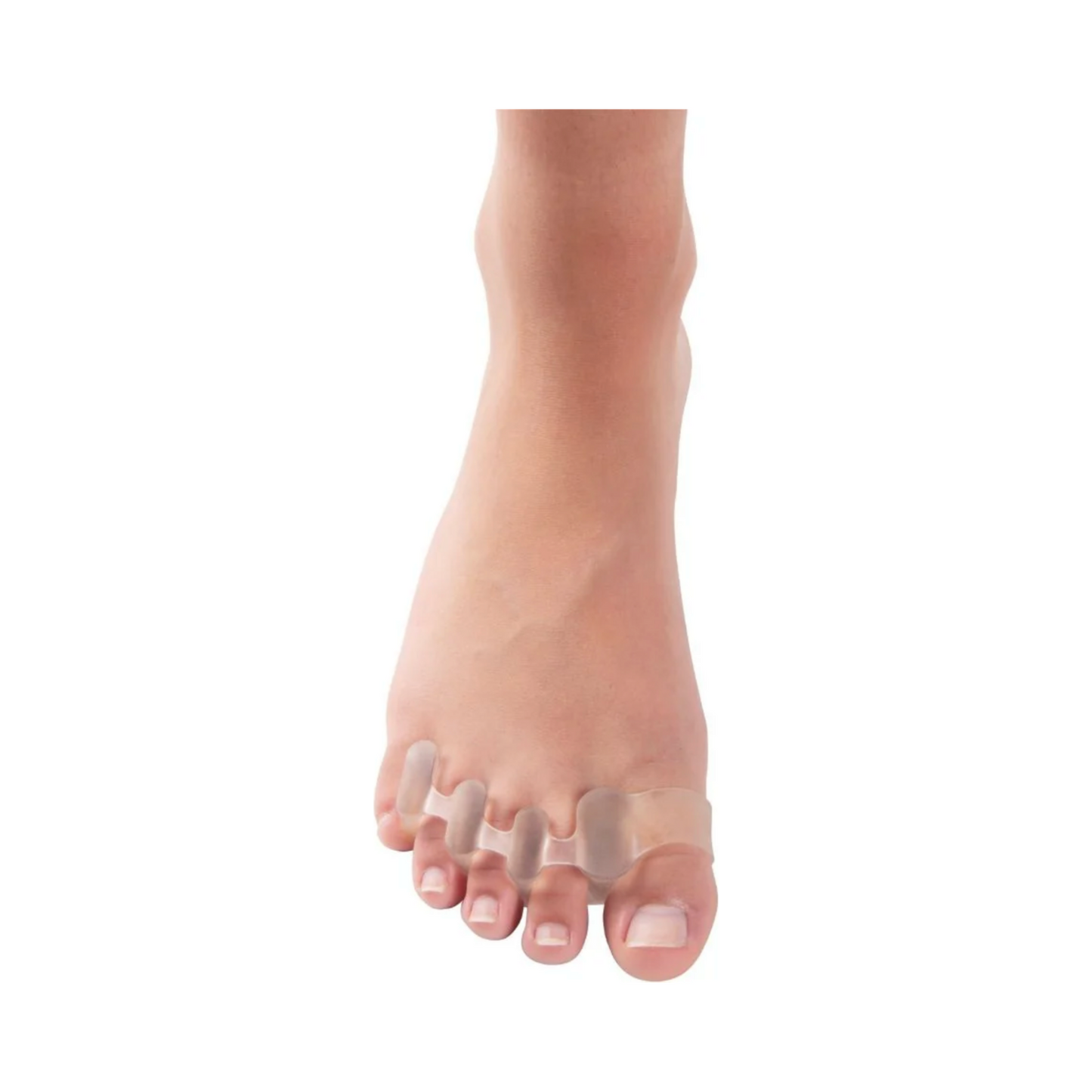 لقطة مقرّبة لاستخدام Pedifix Visco-GEL 5-ToeBuddy، تُظهر فاصل الجل الذي يقوم بمحاذاة أصابع القدم لتخفيف الألم وتحسين محاذاة القدم.