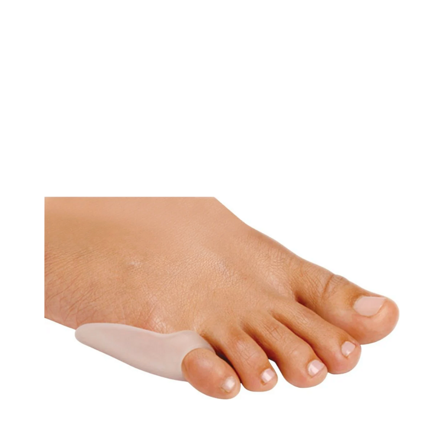 Close-up of PediFix Visco-GEL Bunion Guard on foot, demonstrating its fit and comfort for pinky toe bunion pain relief and skin care.
