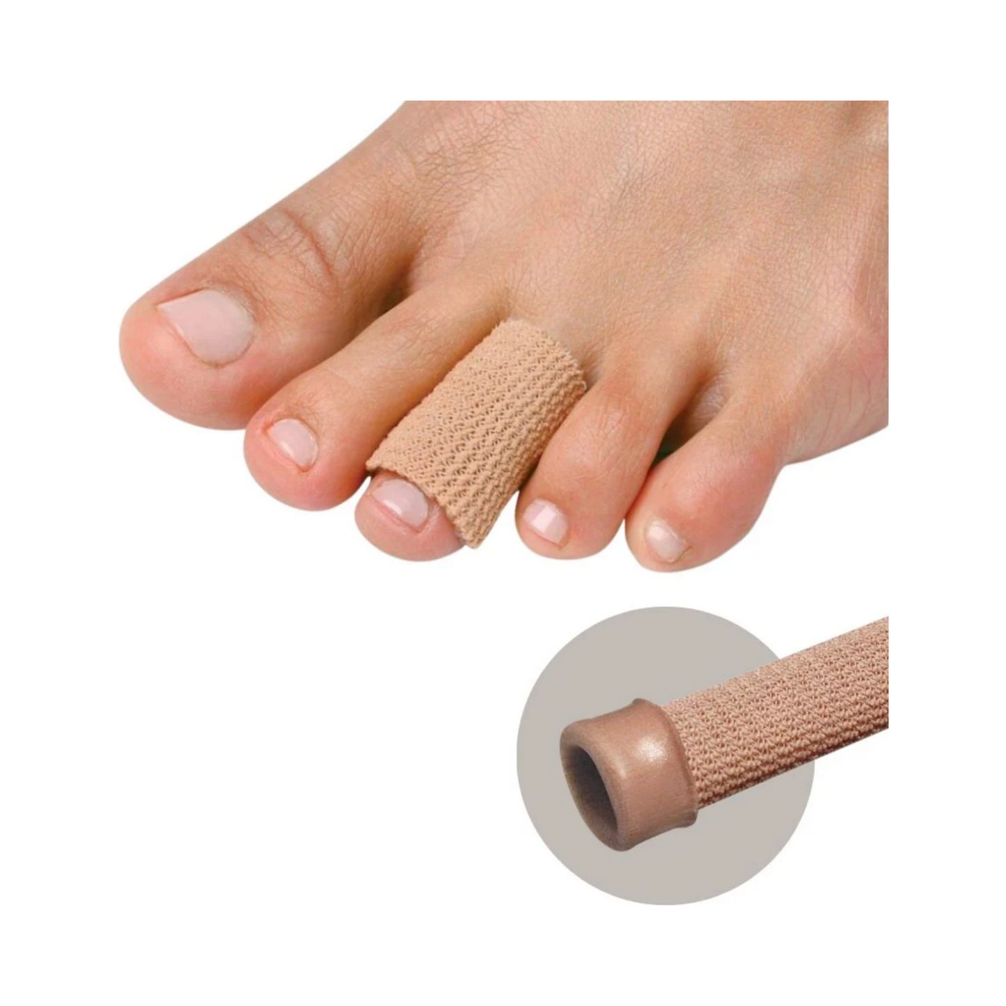 Pedifix Toe Tube on foot with close-up of gel interior, offering toe cushioning and protection from pressure and friction during movement.