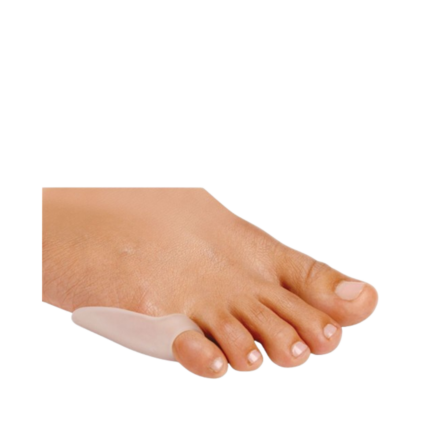 نموذج للقدم يستخدم Visco-GEL Little Toe Bunion Guard، مما يُظهر مادة هلامية ناعمة تخفف من ألم الورم على إصبع القدم الصغير.