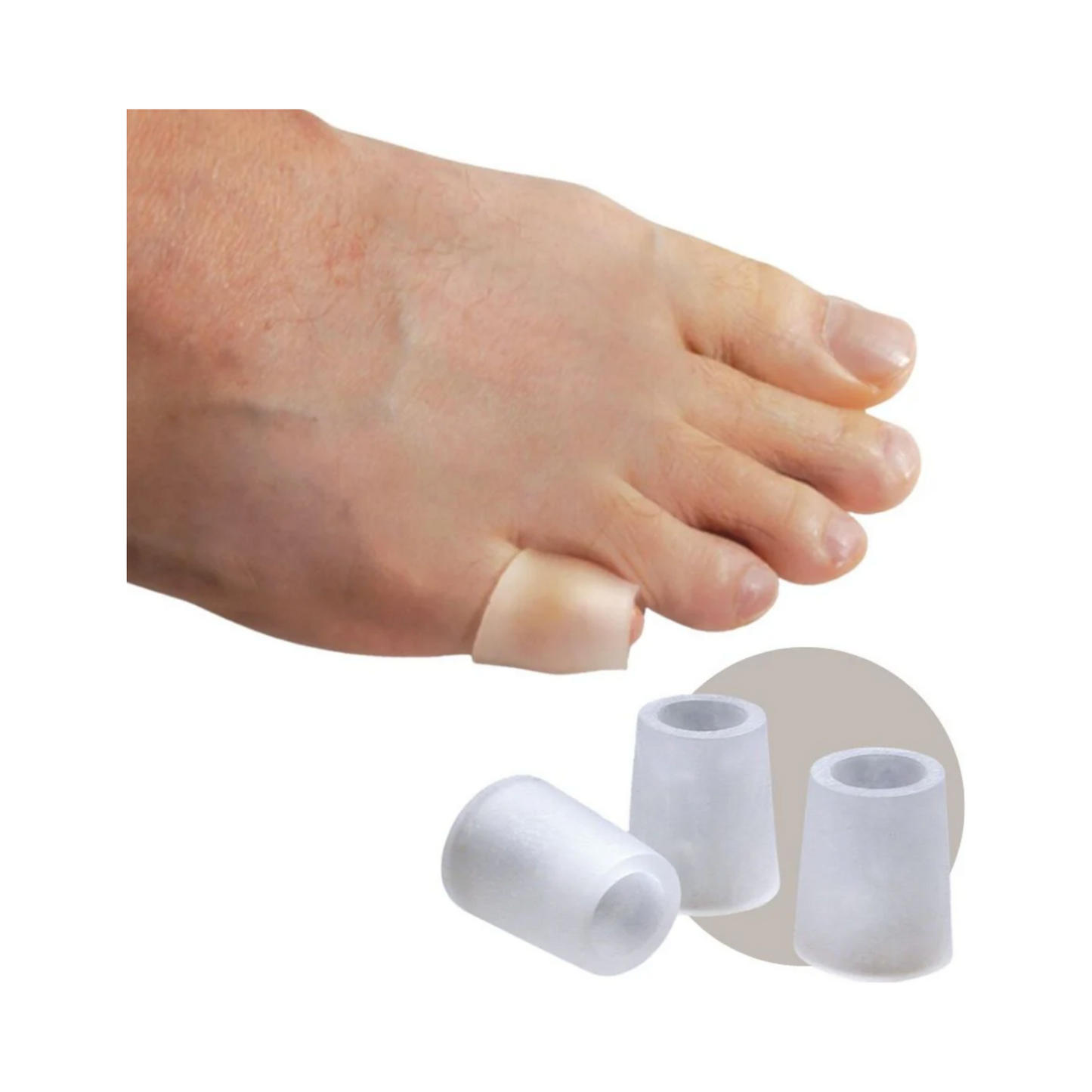 PediFix Visco-GEL Toe Sleeves applied on pinky toe with two gel sleeves displayed beside. Soft, moisture-absorbing toe protectors.