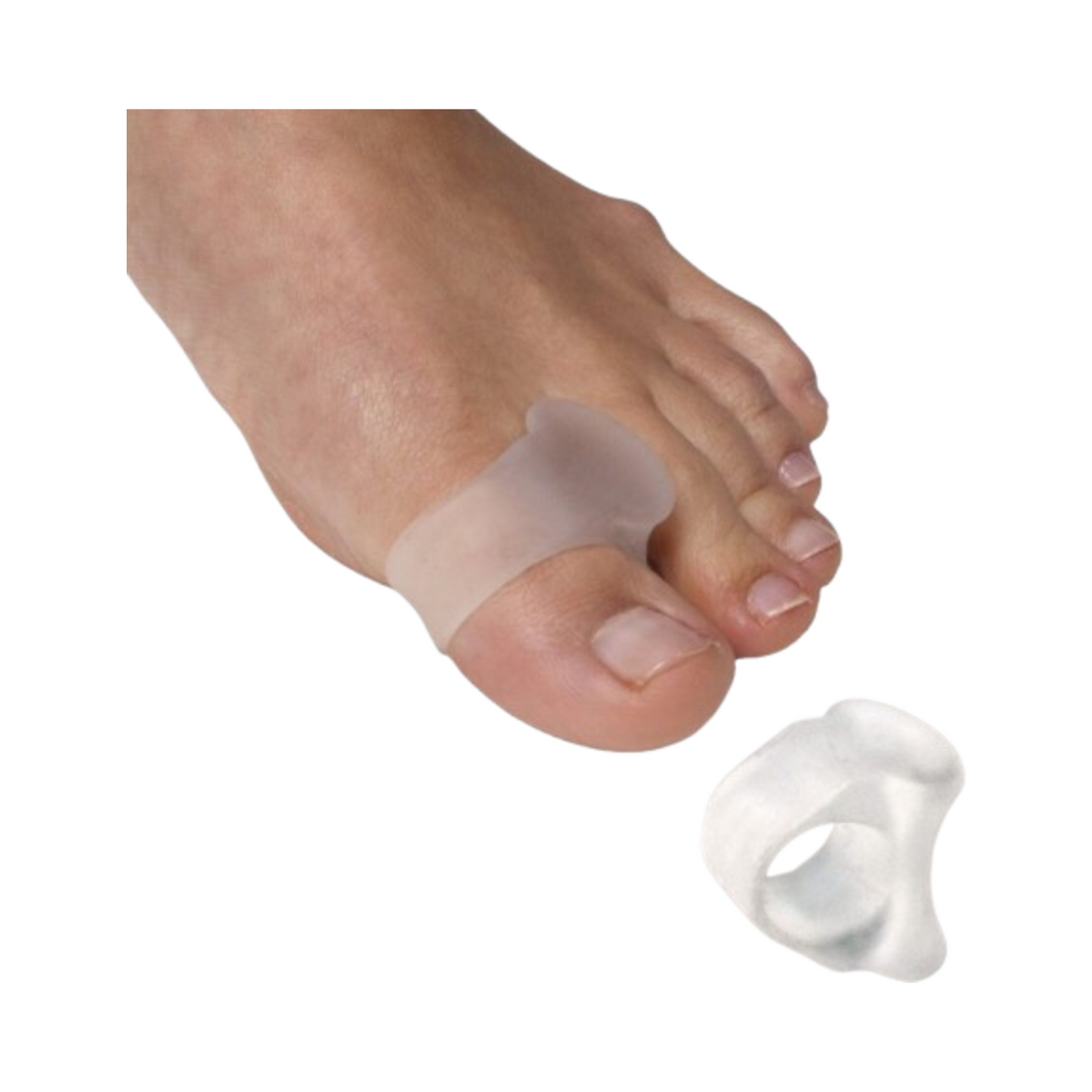 ג'ל רך PediFix Visco-GEL Stay-Put מרווח אצבעות על הרגל, מוצג עם פירוט המוצר כדי להדגיש את היתרונות של הפגת פתחים ויישור הבוהן.