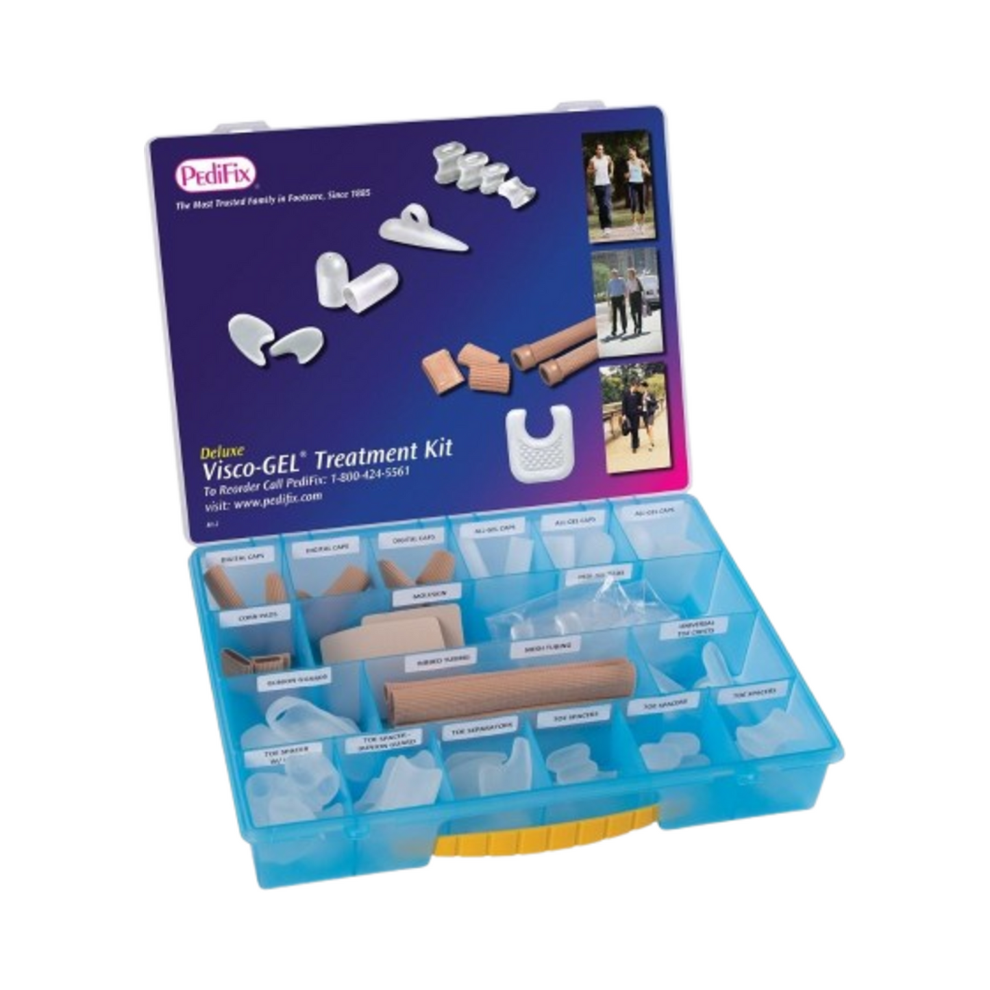 PediFix のデラックス Visco-GEL フットケア キットには、バスやボディ トリートメント用のポータブル収納ボックスに分類されたジェル フットケア製品が含まれています。
