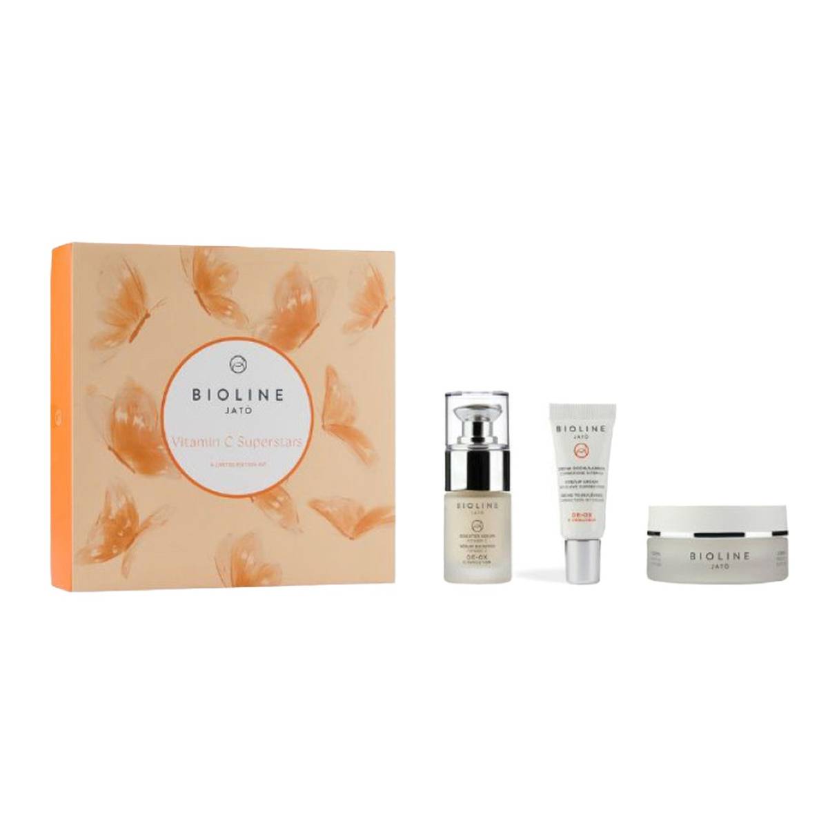 Kit de soins de la peau Bioline à la vitamine C comprenant un sérum, une crème et un soin pour les yeux dans un coffret cadeau sur le thème des papillons. Illumine et revitalise la peau terne.