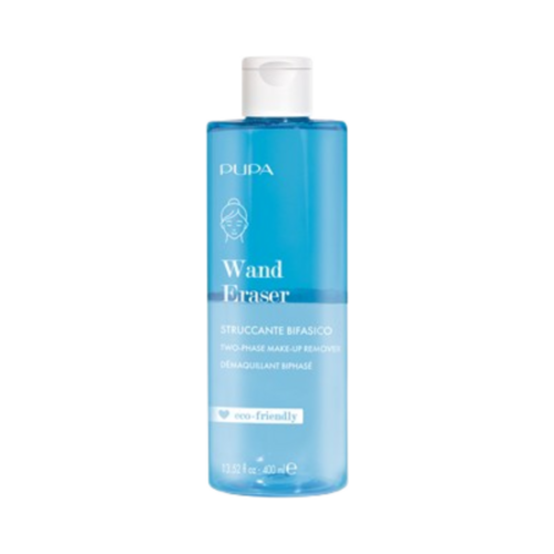 Pupa Wand Eraser のメイク落としは、透明なブルーのボトルに入っており、顔、目、唇用に設計されています。スキンケアおよびクレンジング製品シリーズの一部です。
