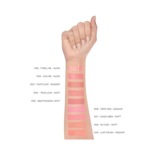 Pupa Wonder Me Blush shade range swatched on forearm, featuring glow, radiant, and matte finishes for hydrated, luminous skin.