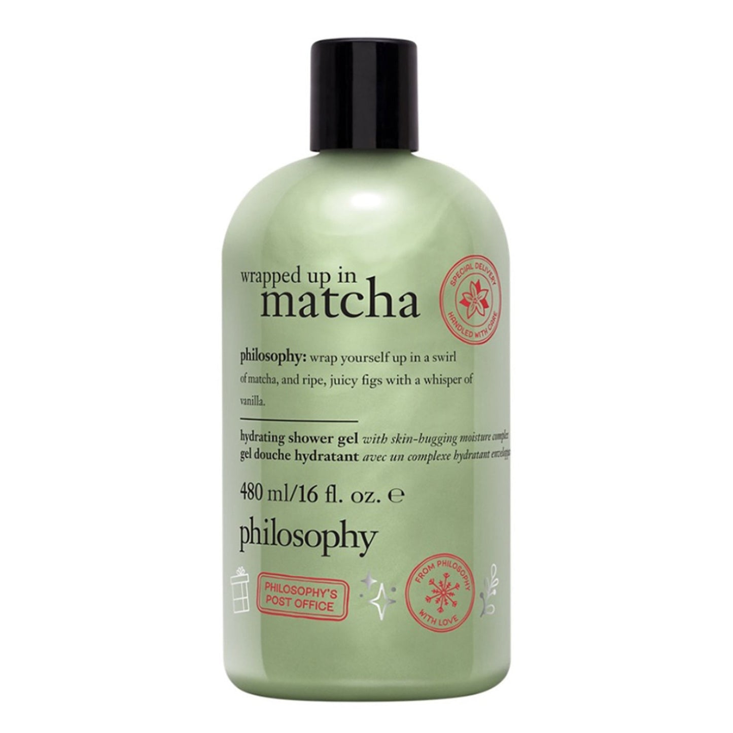 جل الاستحمام المرطب Philosophy Up In Matcha في زجاجة خضراء سعة 480 مل، مملوءة بالماتشا والتين والفانيليا لترطيب عميق.