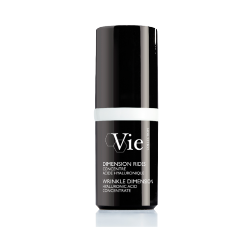 Wrinkle Dimension Hyaluronic Acid Concentrate by Vie Collection in sleek black bottle, designed to reduce wrinkles and hydrate aging skin effectively.