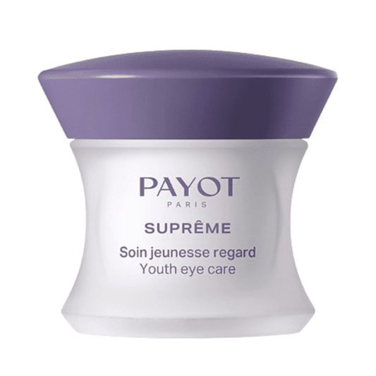 Payot Youth Eye Cream i en elegant vit och lila burk, designad för att förbättra området runt ögonen och stärka hudens försvar med en doftfri formula.