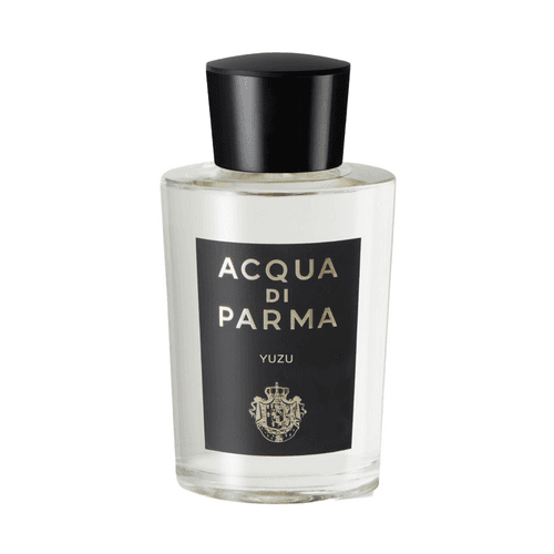Botella de Acqua Di Parma Yuzu EDP de 180 ml con elegante etiqueta y tapón negros, ideal para las amantes de las fragancias femeninas que buscan un aroma cítrico chispeante.
