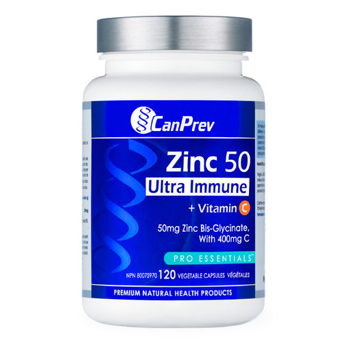 תוסף מזון-על CanPrev Zinc 50 ויטמין C הכולל אבץ ביס-גליצינאט וחומצה אסקורבית. תומך בחסינות ובריאות, 120 כמוסות.
