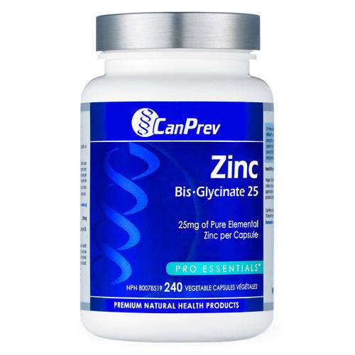 CanPrev 亜鉛ビスグリシネート 25、240 カプセル ボトルは、25 mg の亜鉛で免疫の健康をサポートするように設計されており、健康と美容のサプリメントとしての使用に最適です。