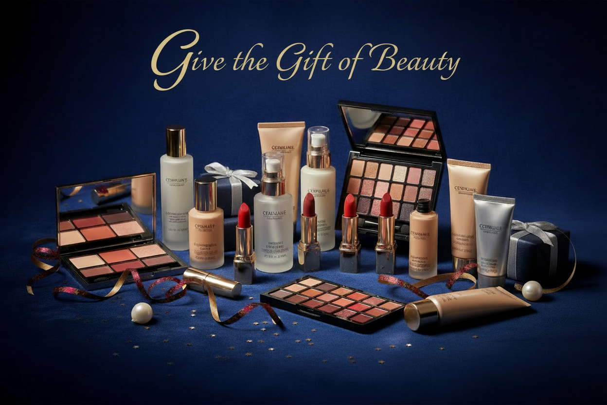 「Give the Gift of Beauty」をテーマに展示された高級スキンケアおよびメイクアップ製品を含む eSkinStore ギフト カード プロモーション。美容愛好家に最適です。