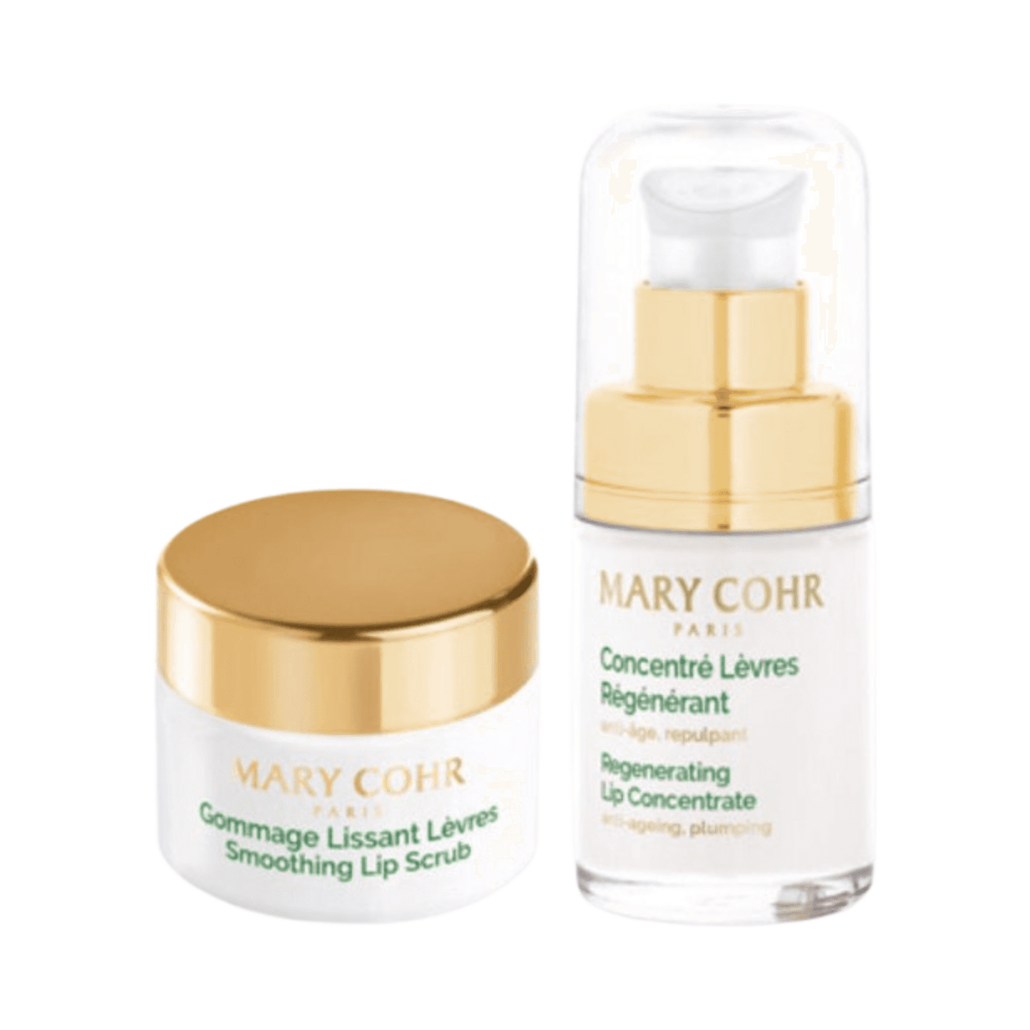 Mary Cohr New Youth Lip Care Treatment-sett med Smoothing Lip Scrub og Regenerating Lip Concentrate for tørre lepper. Ideell for hudpleie mot aldring.