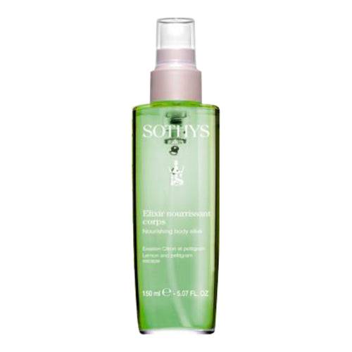 Sothys Nourishing Body Elixir Lemon and Petitgrain 150 مل في زجاجة خضراء، زيت الجسم المنشط الغني بفيتامين E للعناية بالبشرة الجافة.