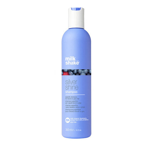 milk_shake Silver Shine Shampoo botella de 300ml para cabellos rubios o grises, enriquecido con arándanos orgánicos, proteínas de leche y pigmentos violetas.