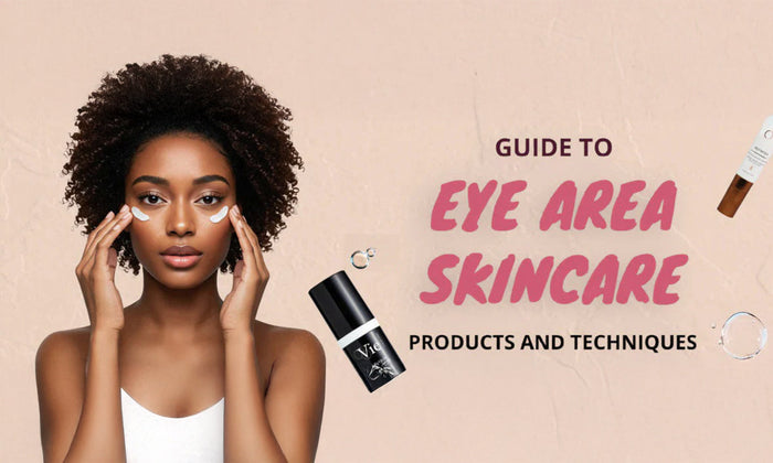 Woman applying eye cream with skincare products; guide to eye area skincare.
