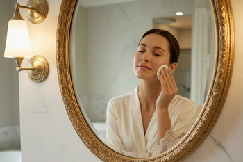A woman putting on toner using cotton pads.