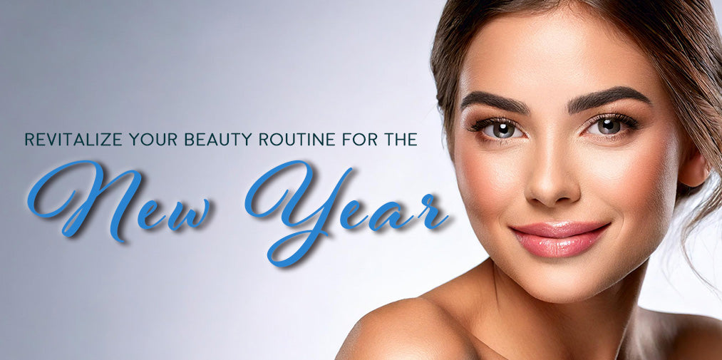 Glowing woman with flawless skin promoting New Year beauty routine.