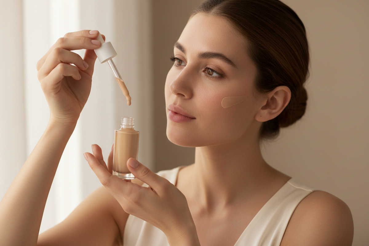 A woman holding a foundation with a dropper.