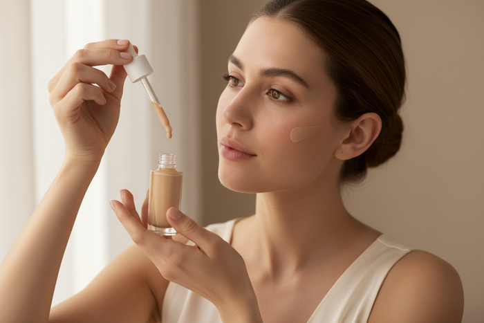 A woman holding a foundation with a dropper.