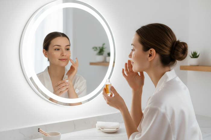 A woman applying face serum.