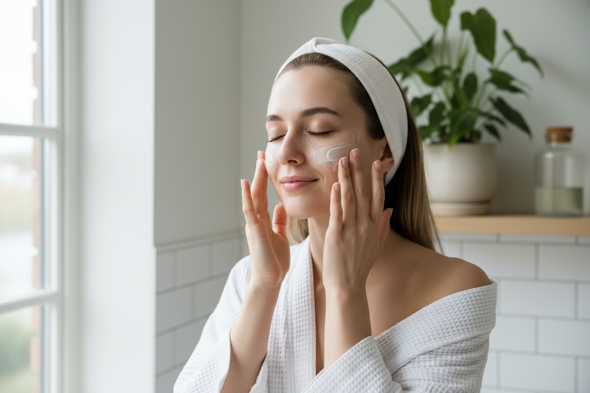 A woman putting face cream on her face.