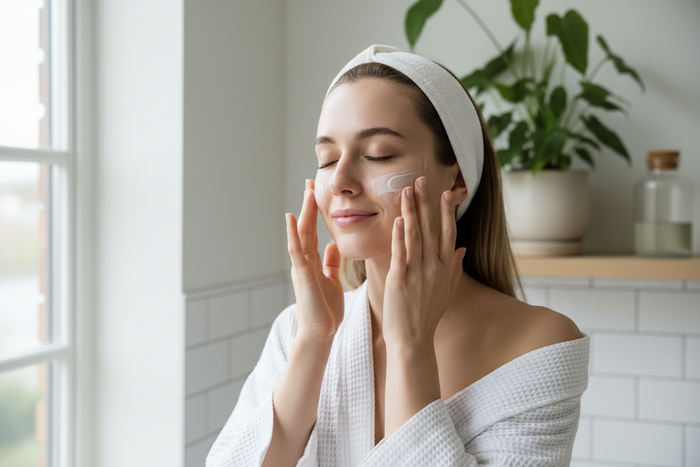 A woman putting face cream on her face.